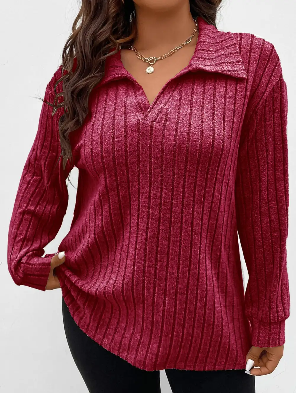 Plus Size Ribbed V-Neck Long Sleeve Tee