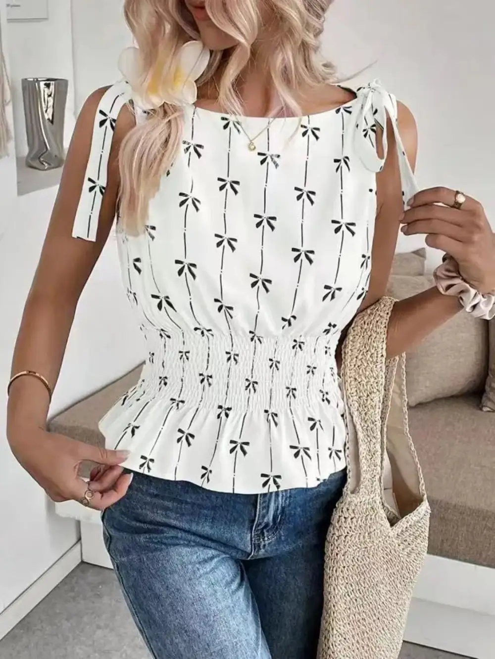 Bow Print Tie Shoulder Tank