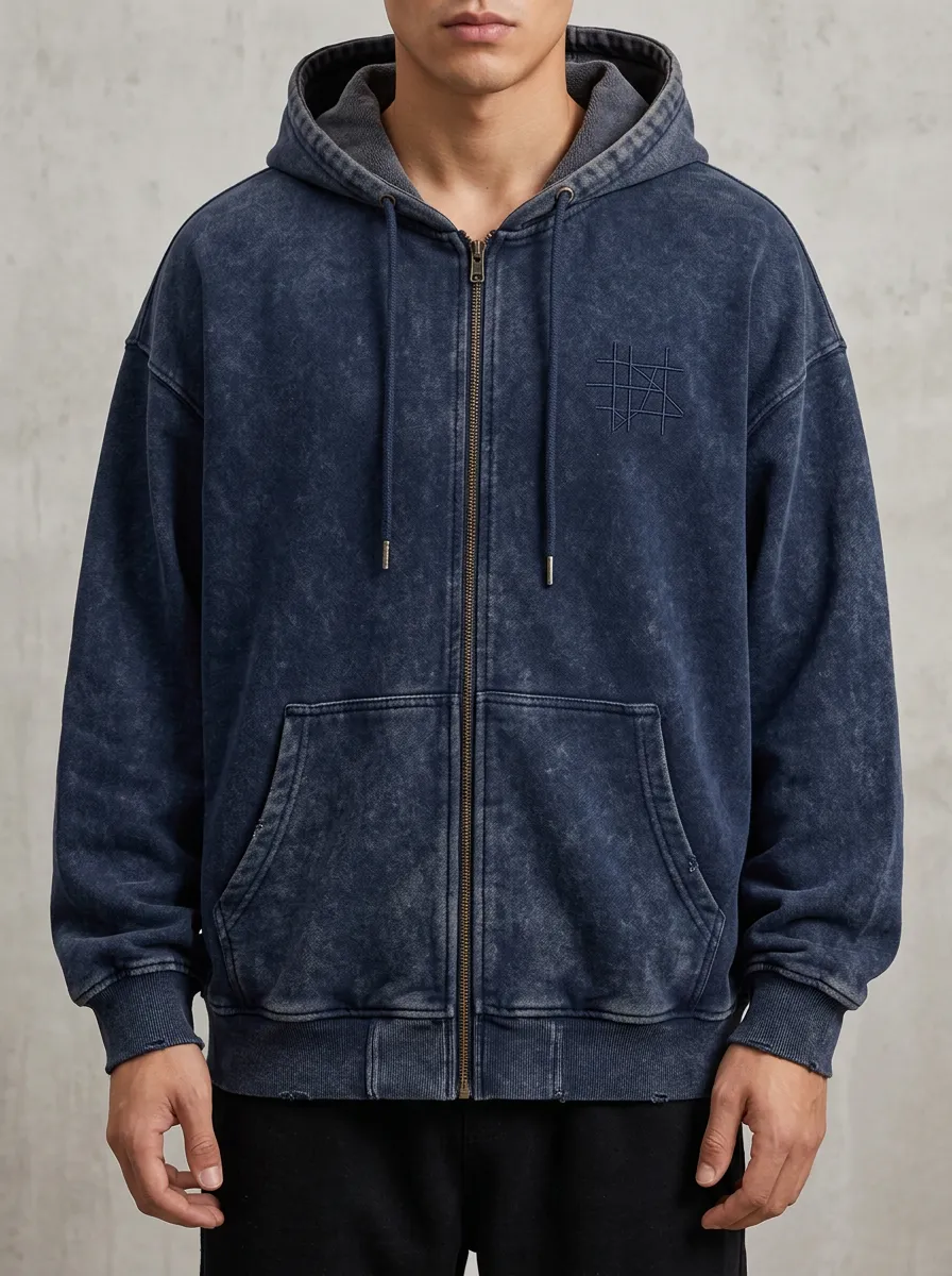 Men's Geometric Grid Embroidered Acid Wash Zip Up Hoodie