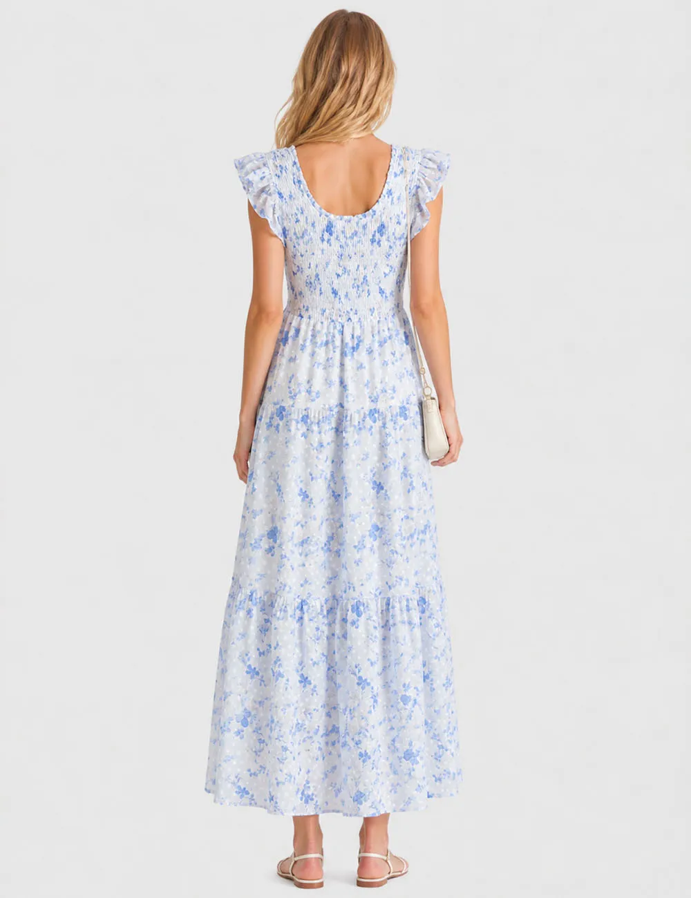 Ruffle Sleeves Tiered Hem Smocked Maxi Dress