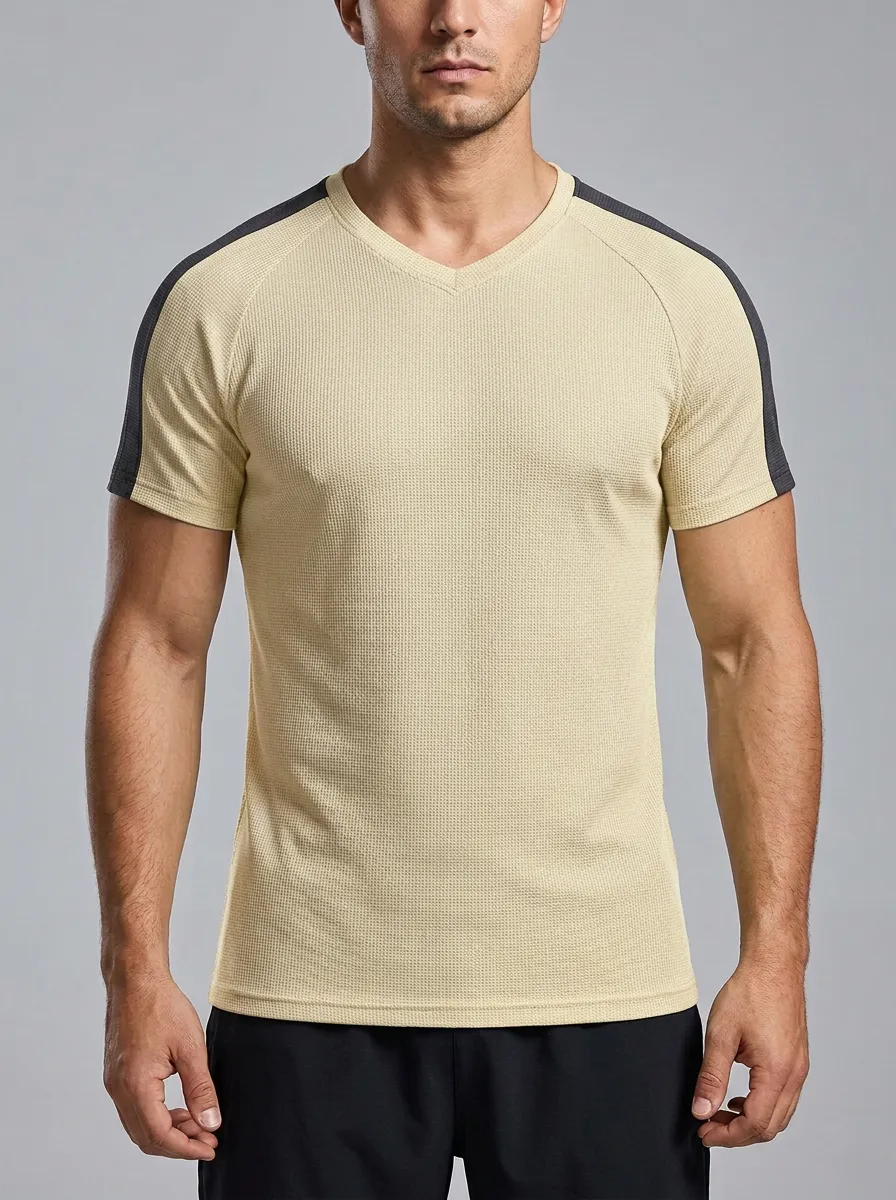 Refined Waffle Knit Textured Raglan Sleeve Look Men's Slim Fit Short Sleeve T-Shirt