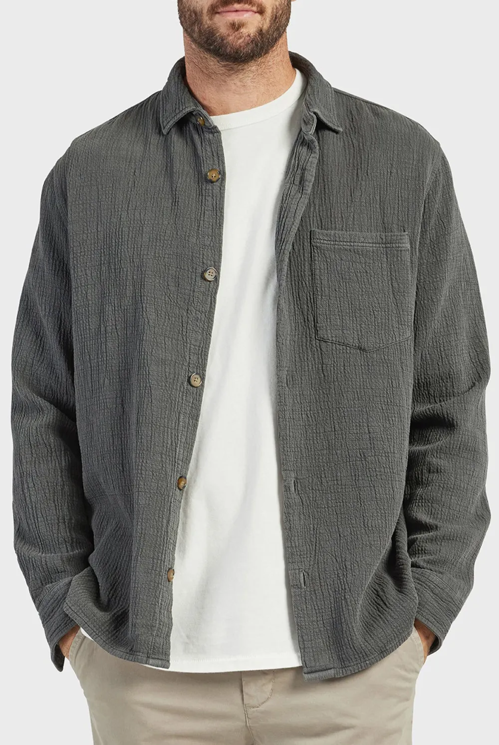Gray Textured Button Down Overshirt