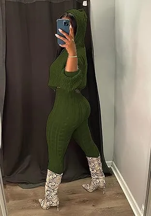 Women's Minimalist Textured Long Sleeve Crop Hooded Sweater& High Waist Skinny Pants Set