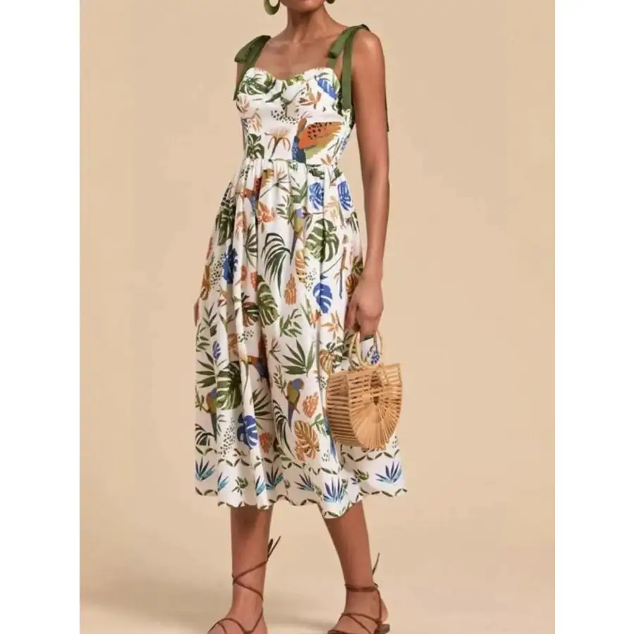 Tropical Print Tie-shoulder Sweetheart Neck Midi Dress