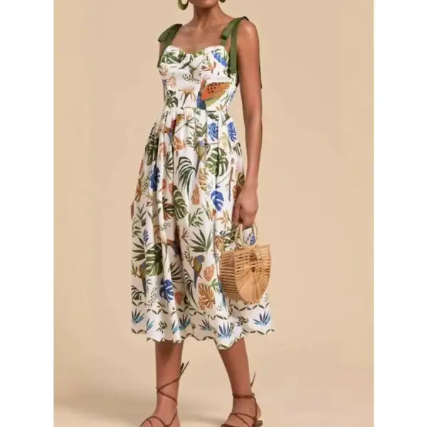 Tropical Print Tie-shoulder Sweetheart Neck Midi Dress