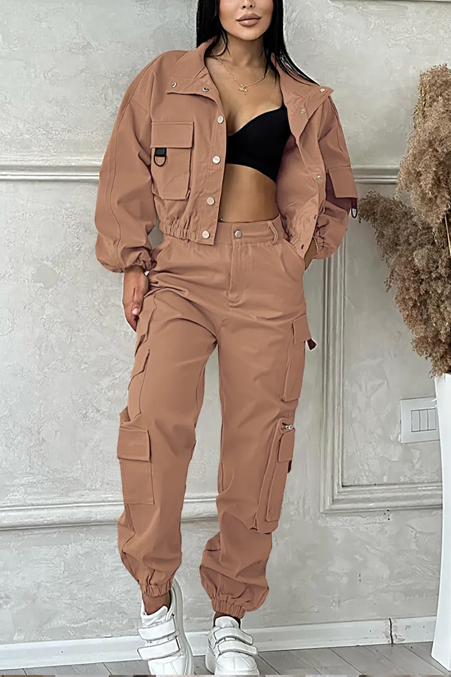 9PACK- Solid Color Pocket Jacket & Pants Two-piece Set