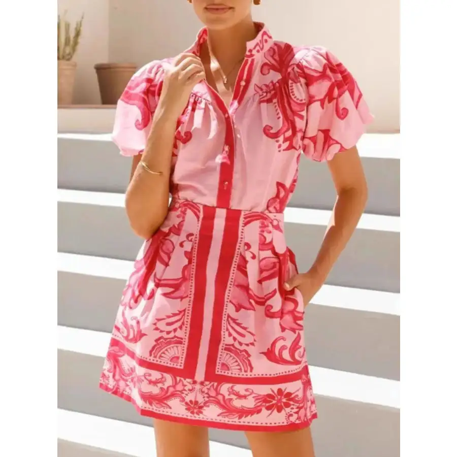Printed Puff Sleeve Top and Skirt Set