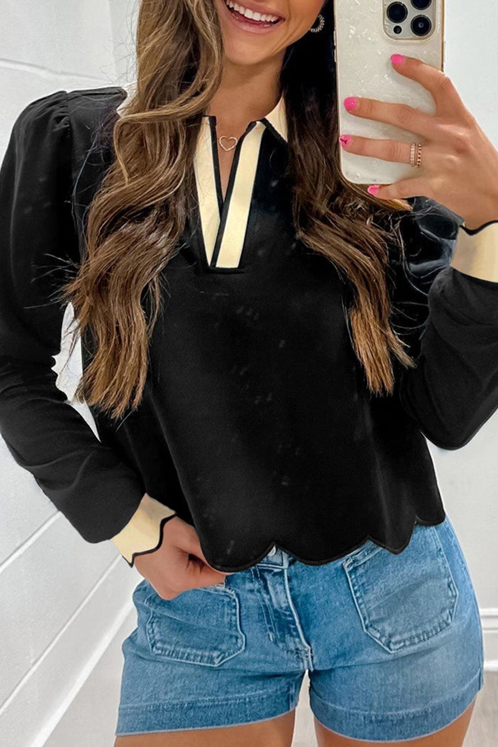 Women's Colorblock Collared Long Sleeve Top