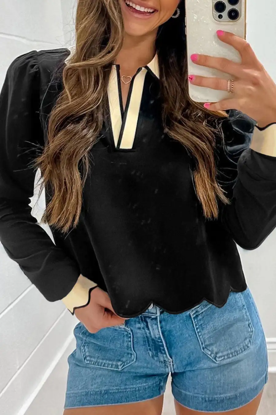 Women's Colorblock Collared Long Sleeve Top