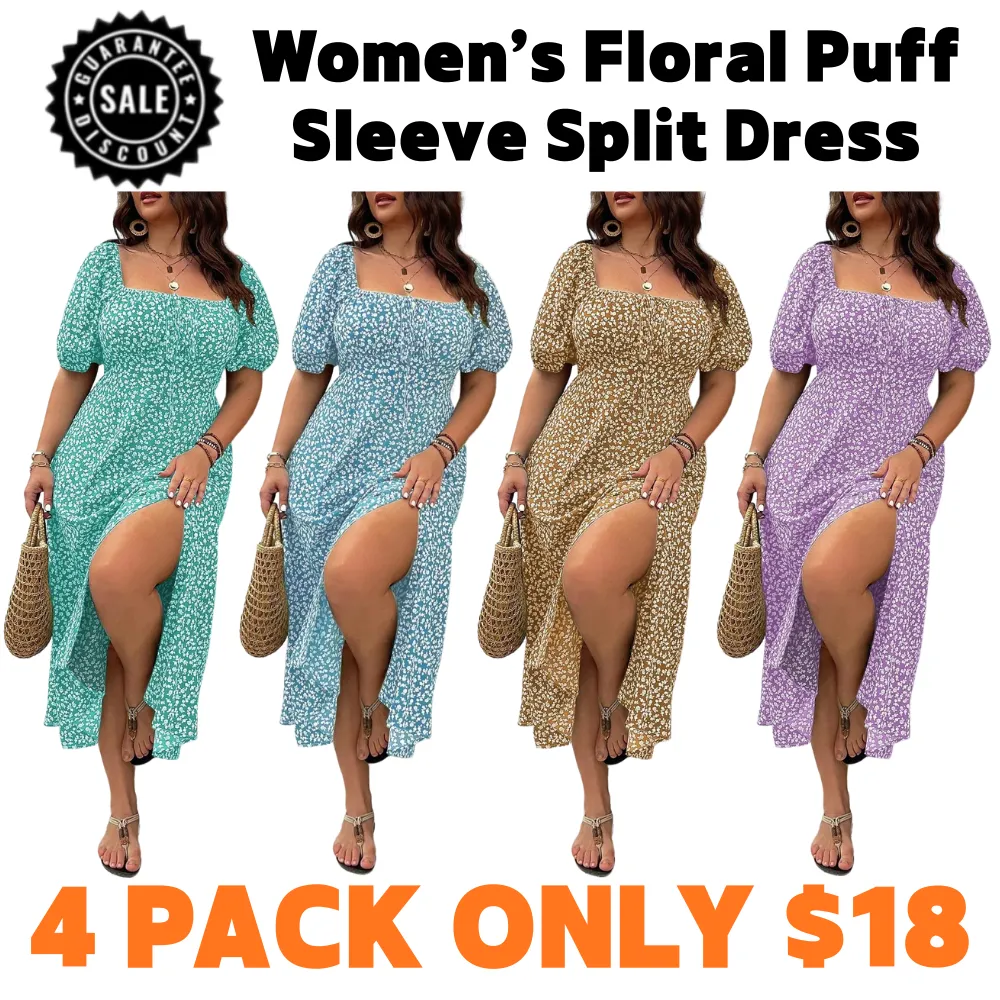 Women’s Ditsy Floral Puff Sleeve Split Dress Tie Front Summer Dress