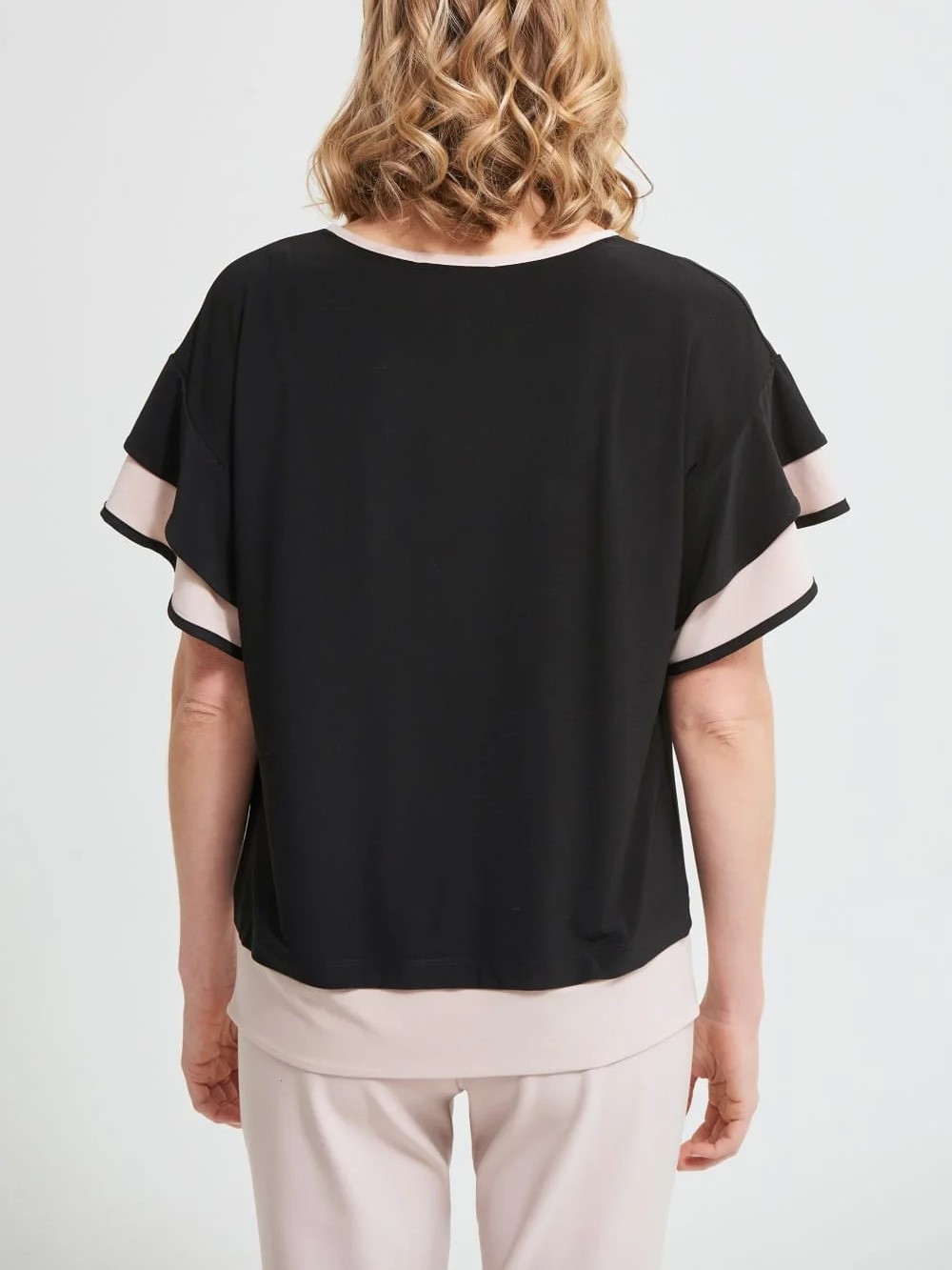 Black and Sand Ruffled Short - Sleeve Top