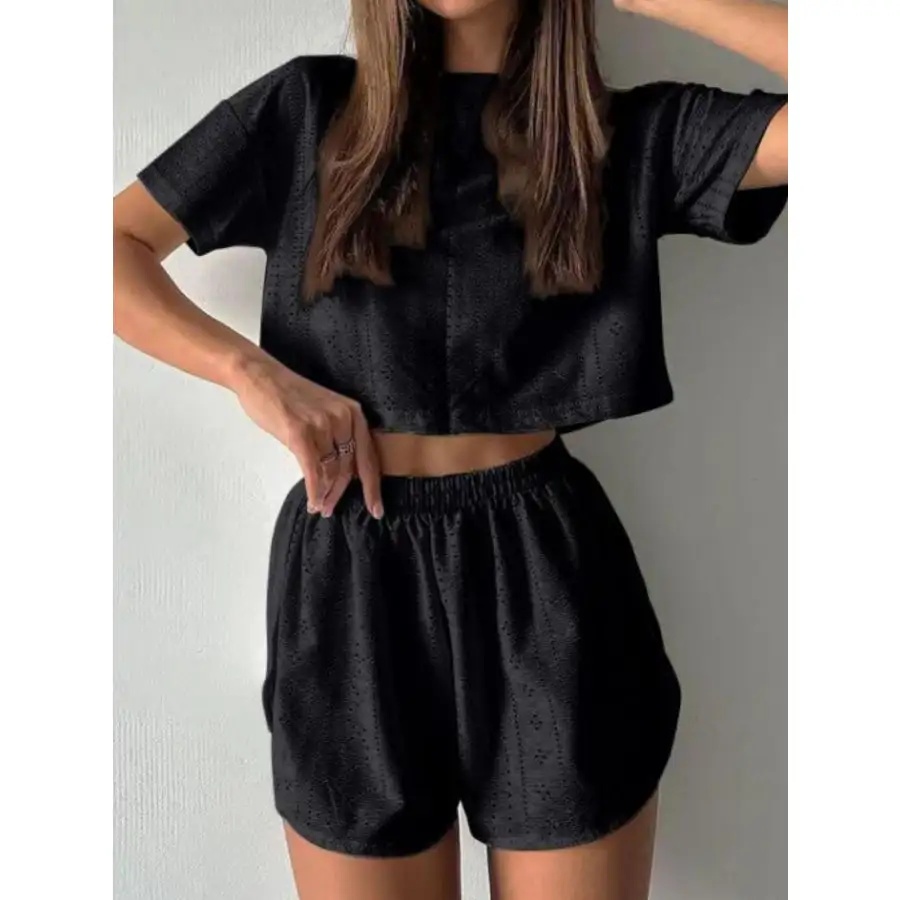 Eyelet Round Neck Top and Shorts Set