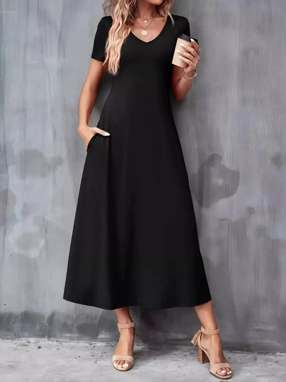 V Neck Short Sleeve Dress Casual