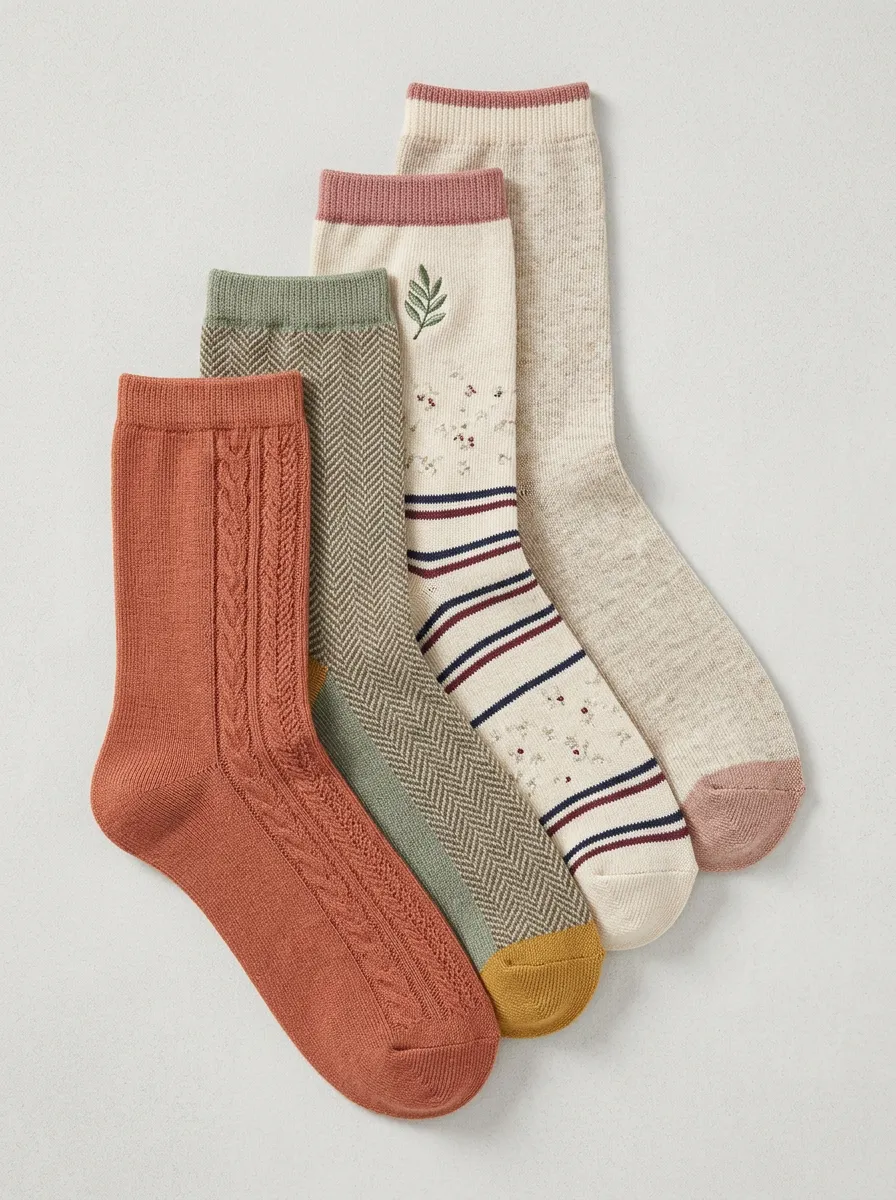 Easy-Wear Floral Cable Knit Wardrobe Women's Four Pair Socks