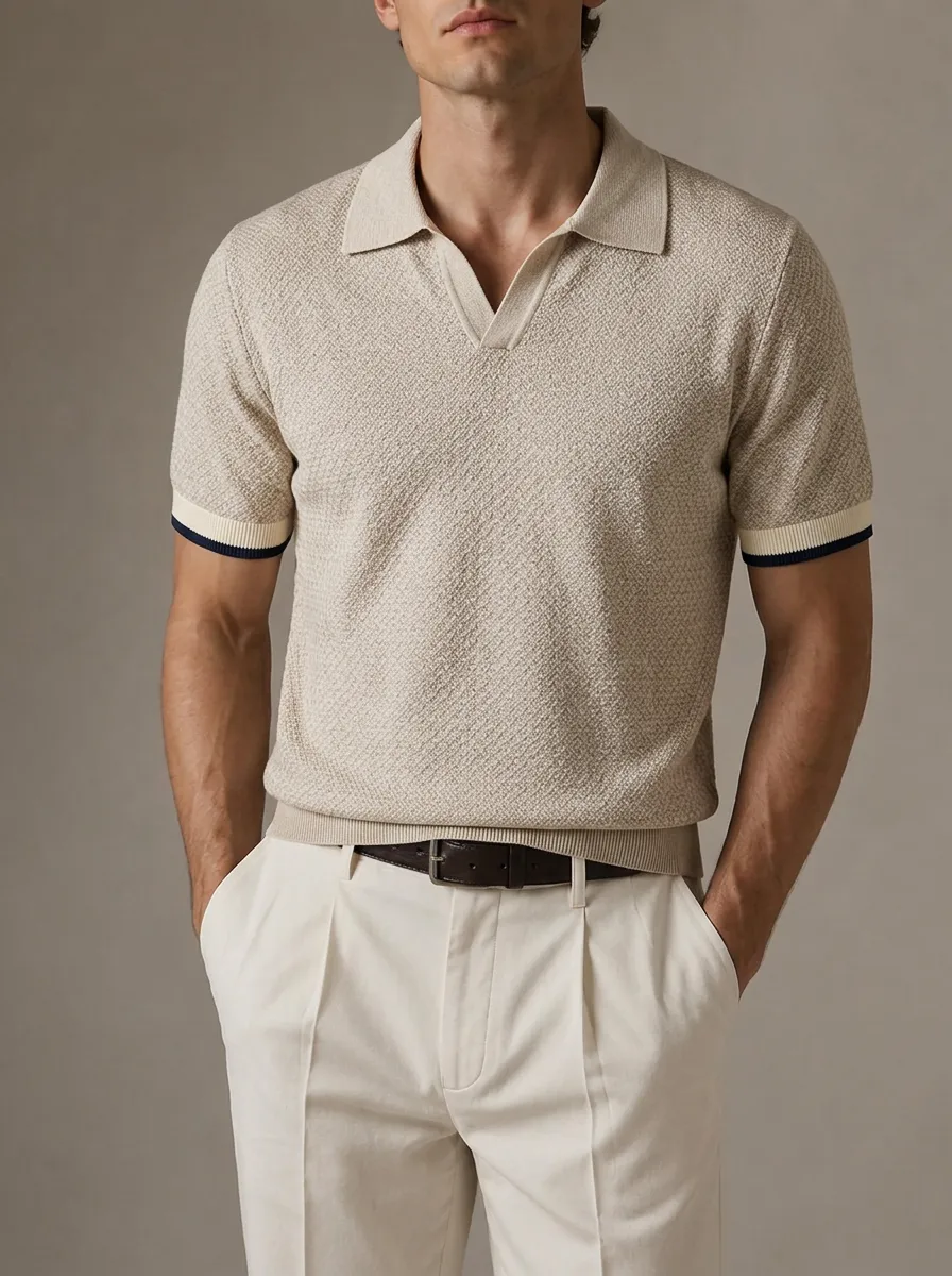 Men's Textured Knit Polo Shirt with Contrast Trim