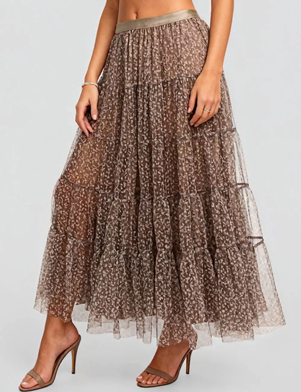 Elastic Waist Mesh Tiered Hem Maxi Skirt