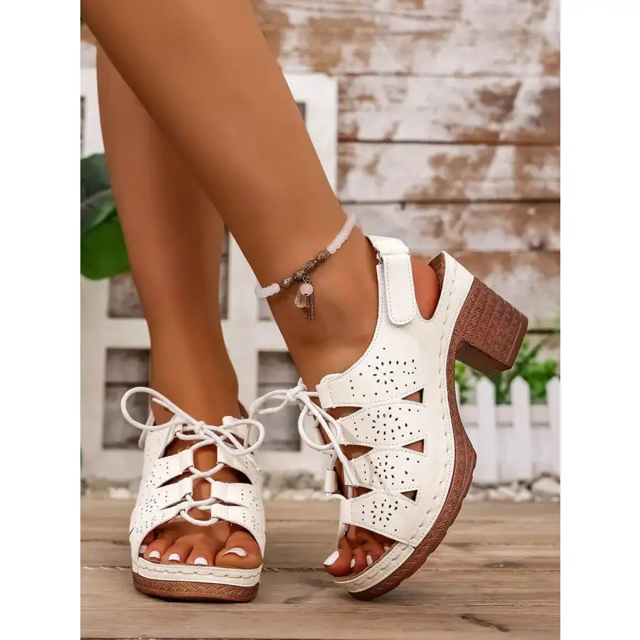 Lace Up Chunky Heel Eyelet Sandals