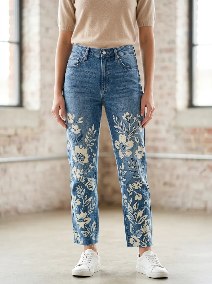Women's Floral Nature Lover White Flower Printed Jeans