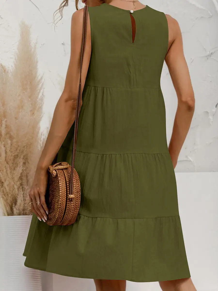 A Line Relaxed Pleated Solid Color Tiered Round Neck Mini Dress