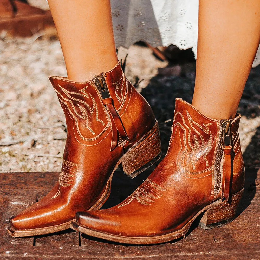 Modern Faux-Leather Distressed Embroidered Zip-Up Western Boots