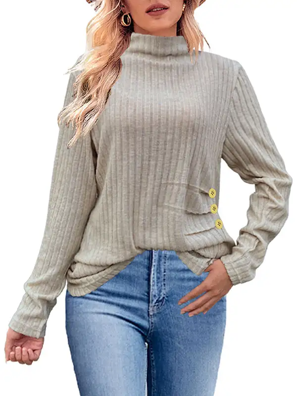 Long Sleeve Relaxed Button Detail Pleat Detail High Neck T-Shirt