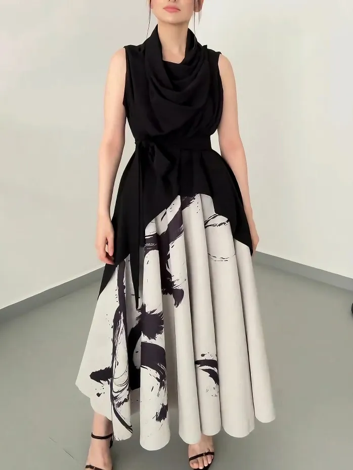 Elegant Abstract Print Draped Two Piece Midi Dress