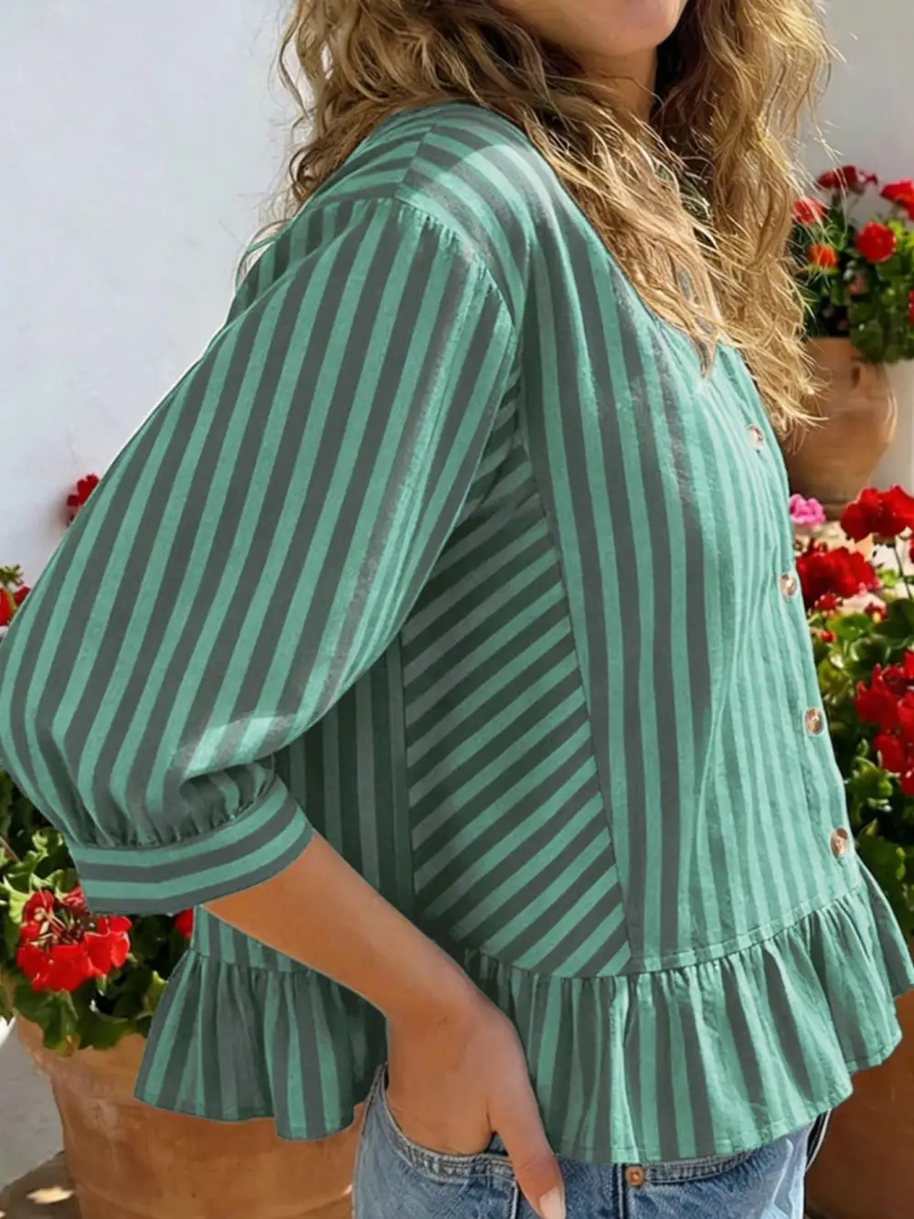 Striped Ruffle Hem Button Down Shirt