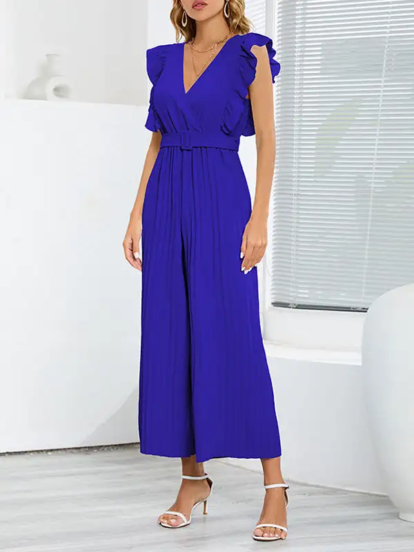 Hoog Getailleerde Losse Geplooide Jumpsuits Met V Hals