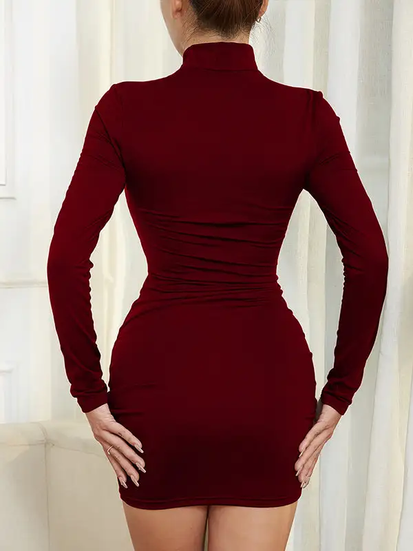 Bodycon High Waisted Drawstring Pleated Solid Color Mock Neck Mini Dress