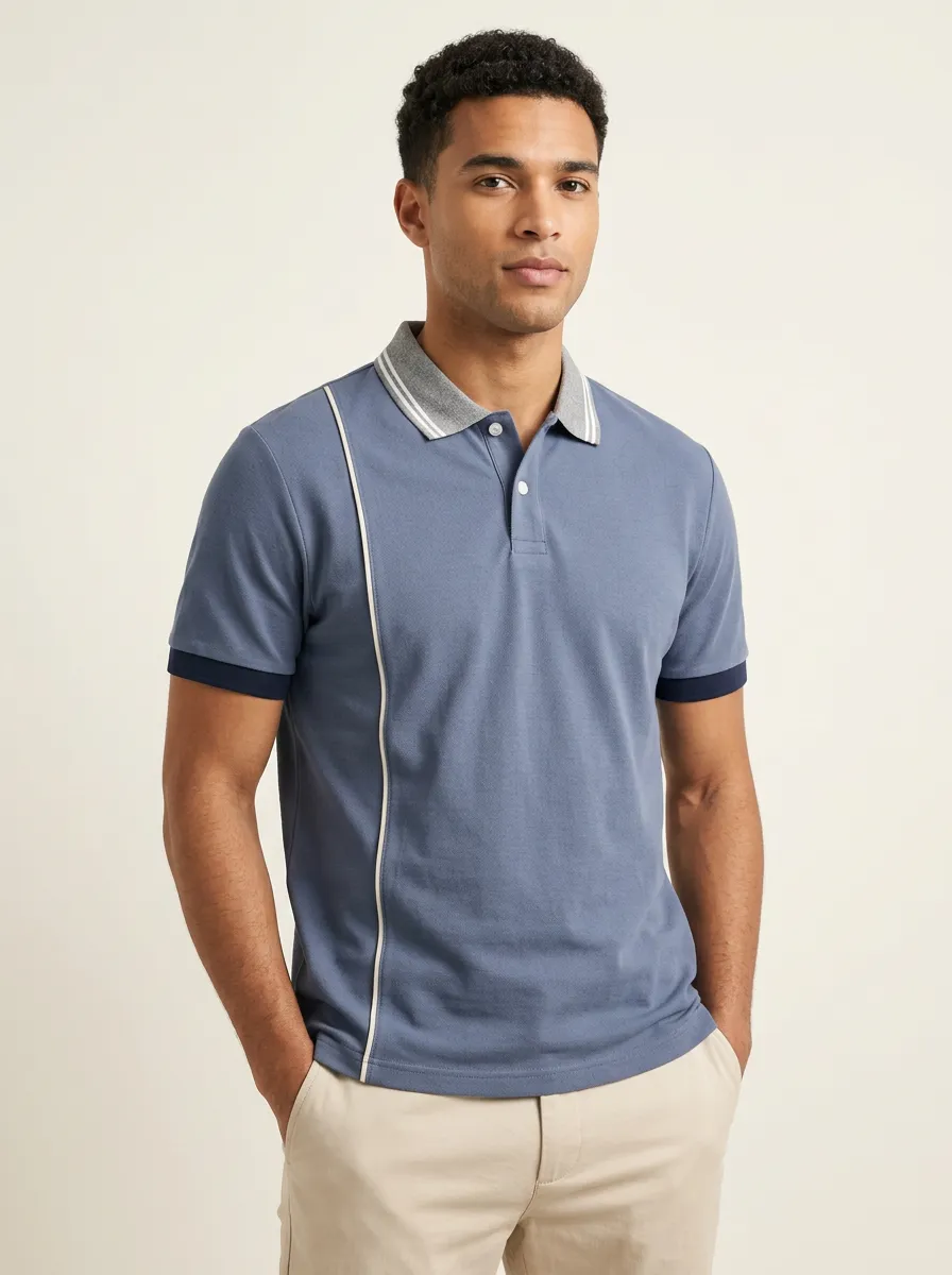 Men's Knit Ribbed Vertical-Stripe Contrast-Panel Contrast-Piping Contrast-Trim Running Polo Shirt
