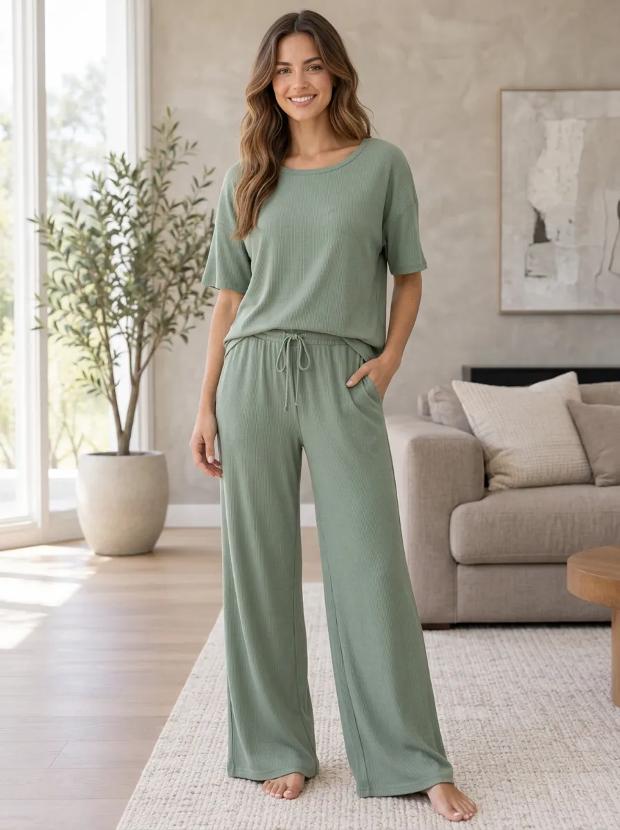 Modern Homewear Women's Ribbed Knit Wide Leg Loungewear Set