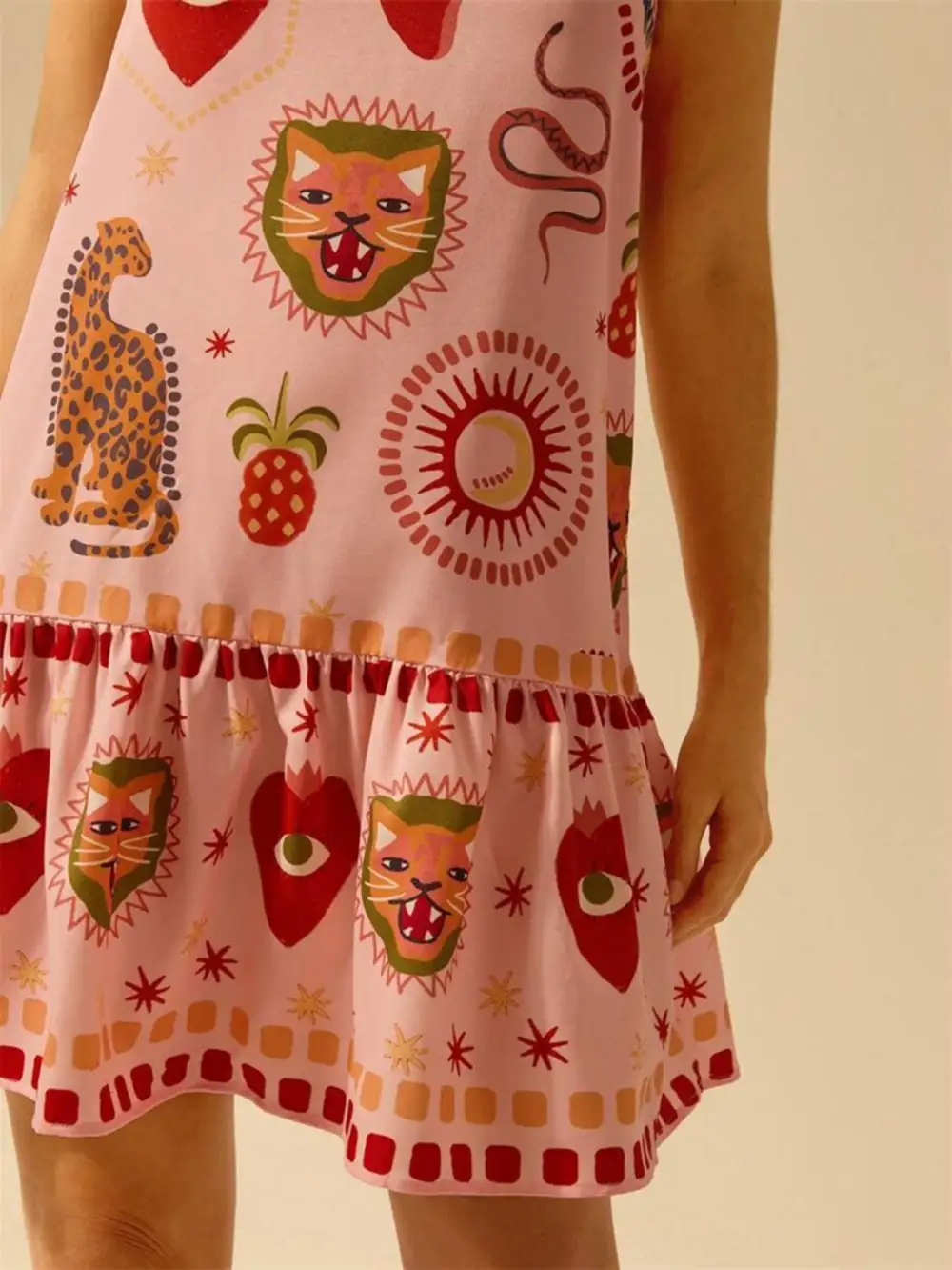 Textured Detail Printed Ruffle Mini Dress