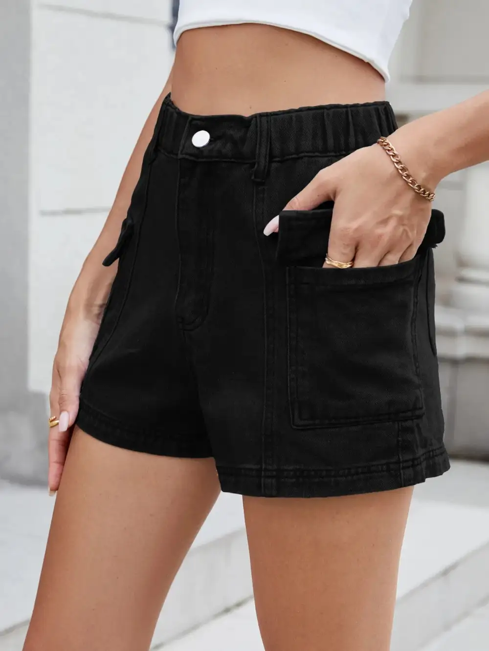 High-Waist Cargo Denim Shorts