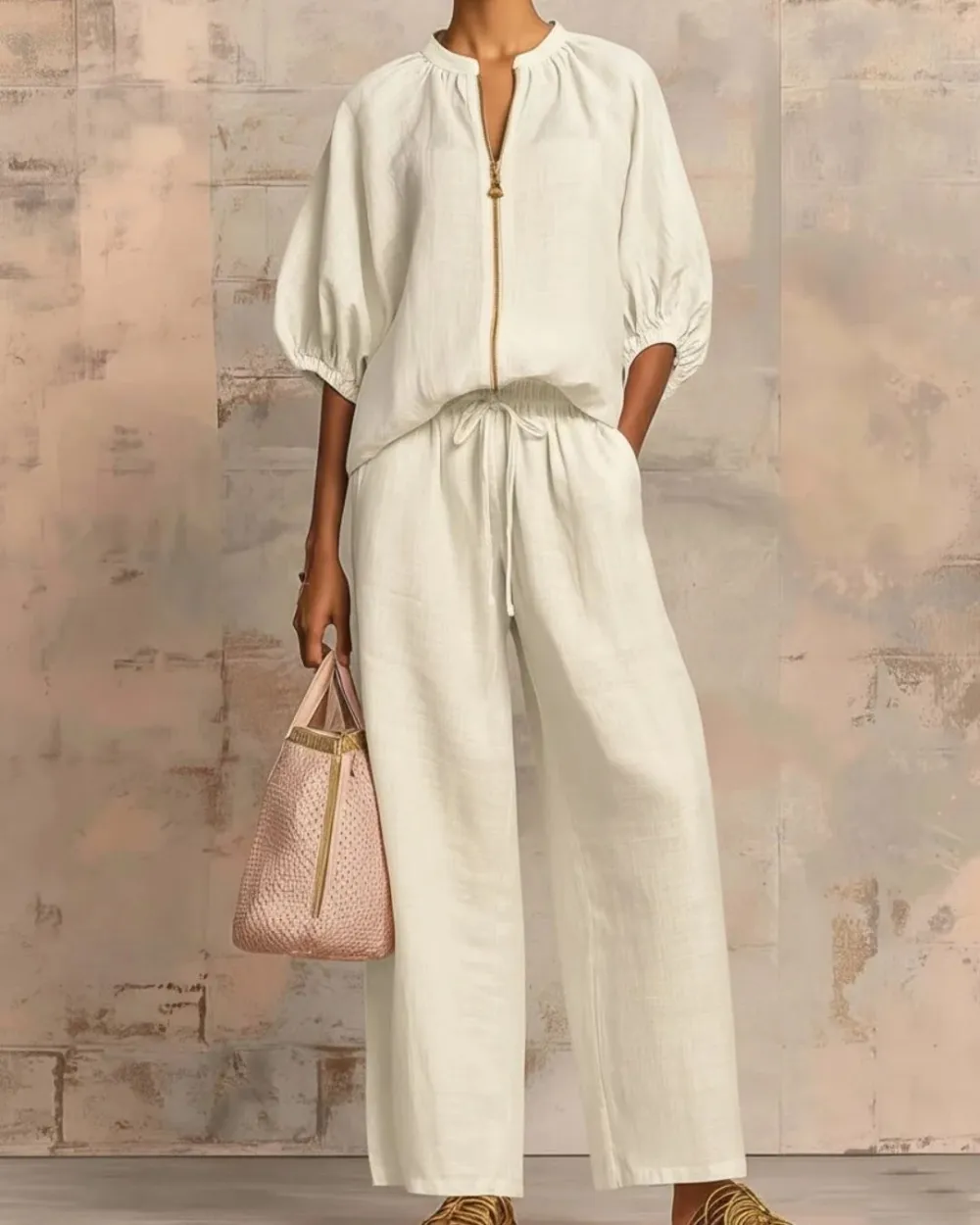 Knitted Fabric Blouse and Long Pants Two-Piece Outfit with Flounce Sleeves