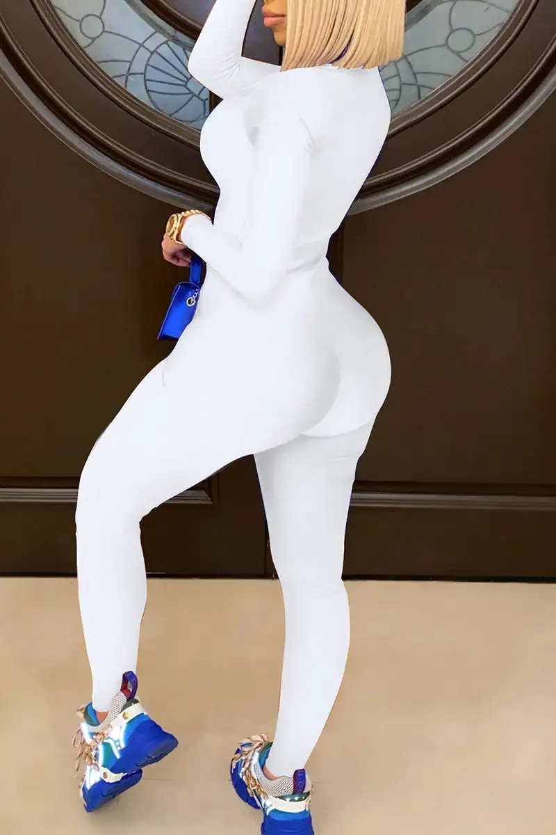 Casual Solid Split Joint Zipper Collar Skinny Jumpsuits