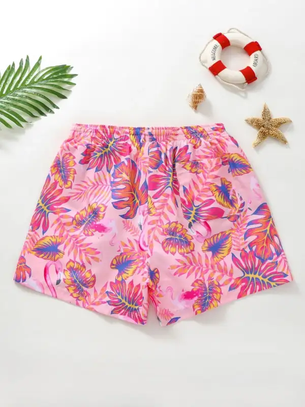 Men's Vibrant Leaf and Flamingo Beach Shorts