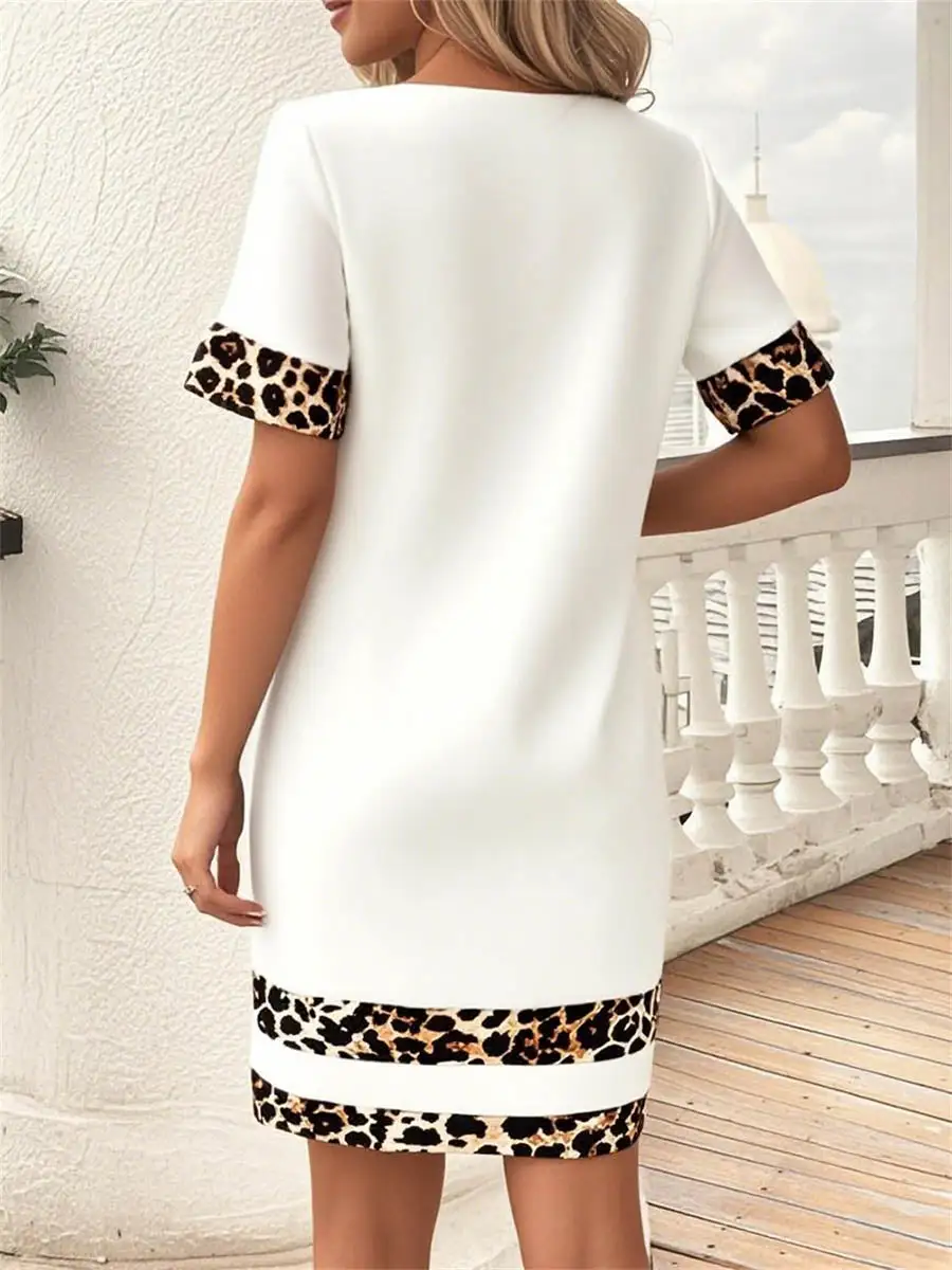 Bodycon Relaxed Contrast Color Leopard Split Joint Round Neck Mini Dress