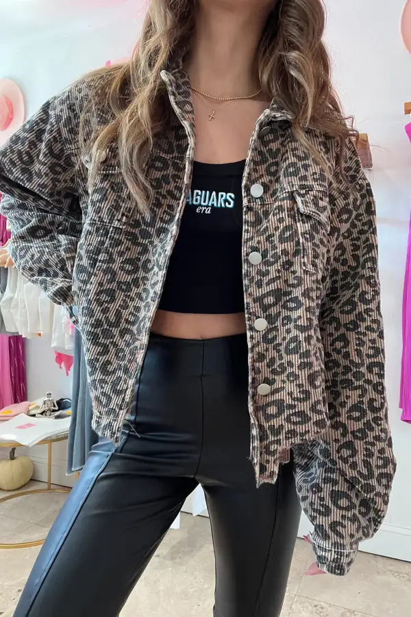 Leopard Print Corduroy Irregular Hem Button Jacket