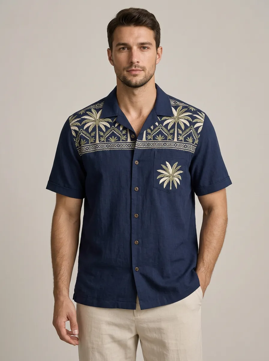 Men's Resort Inspired Palm Tree Printed Short Sleeve Shirt