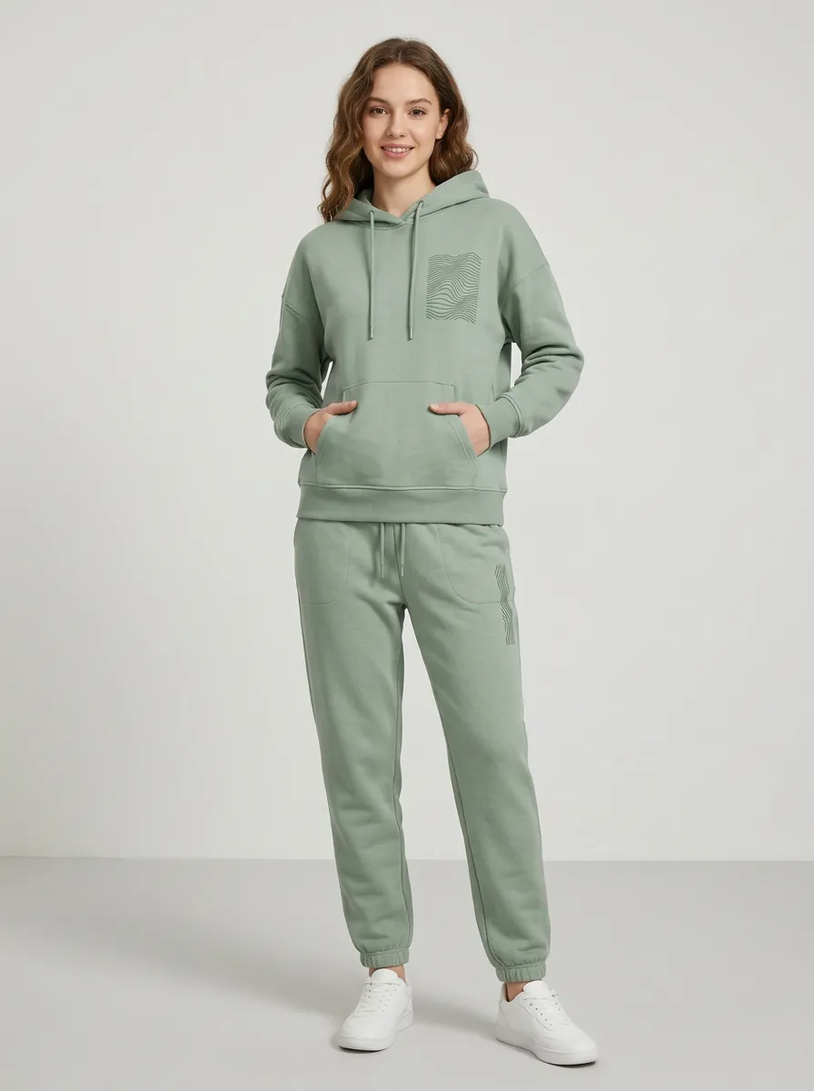 Women's Sage Green Cuffed Pants Drawstring Hood Solid Hoodie & Pants Set