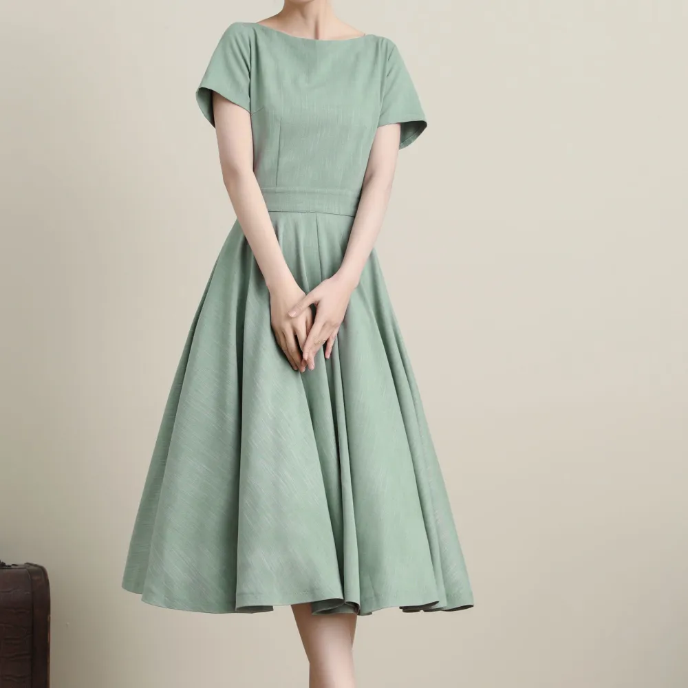 Refined Linen Cotton Fit And Flare Swing Short Sleeve Midi Dress