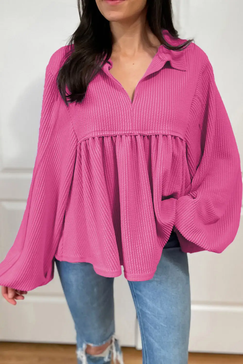 Corded Turn Down V Neck Bubble Sleeve Babydoll Blouse