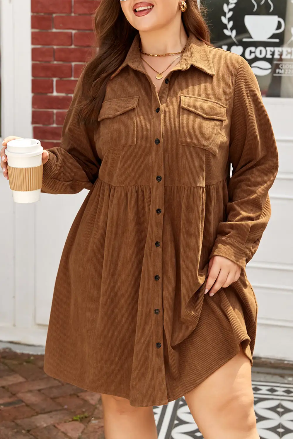 Corduroy Button Front Collared Dress Casual