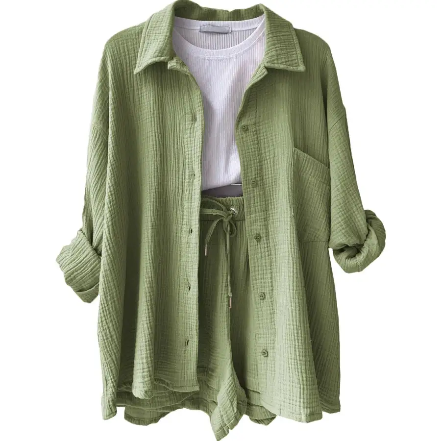 Relaxed Textured Button Up Shirt and Shorts Set