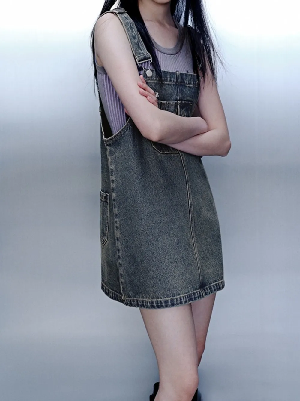 Vintage Washed Denim Overall Dress