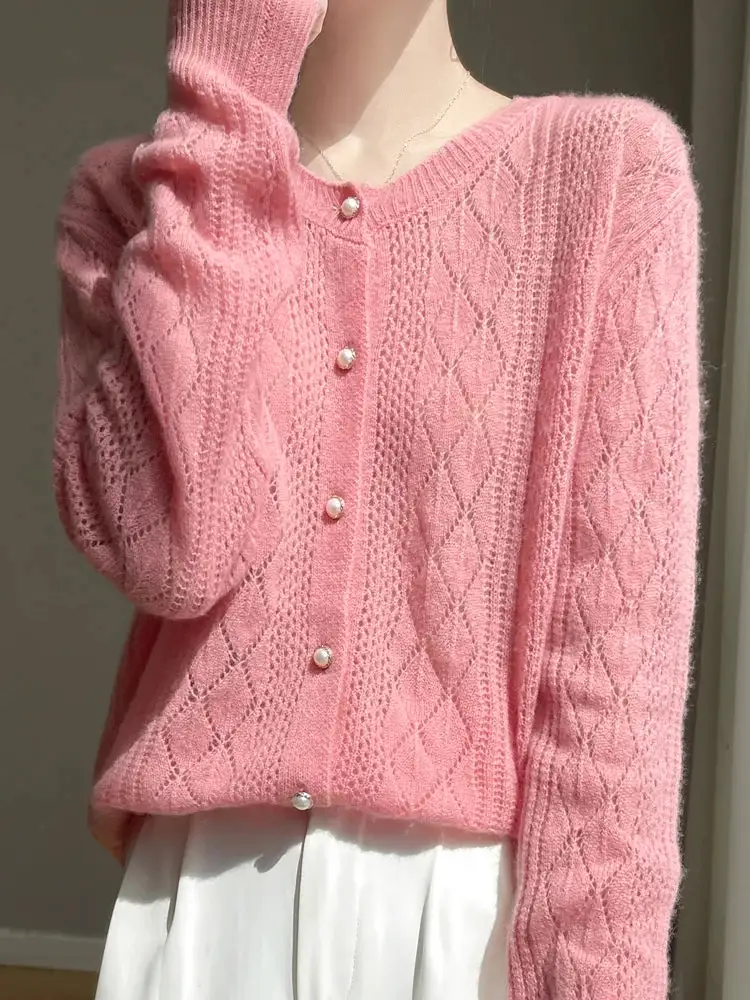 Merino-Wool Wool Pearl-Button Crew-Neck Cardigan
