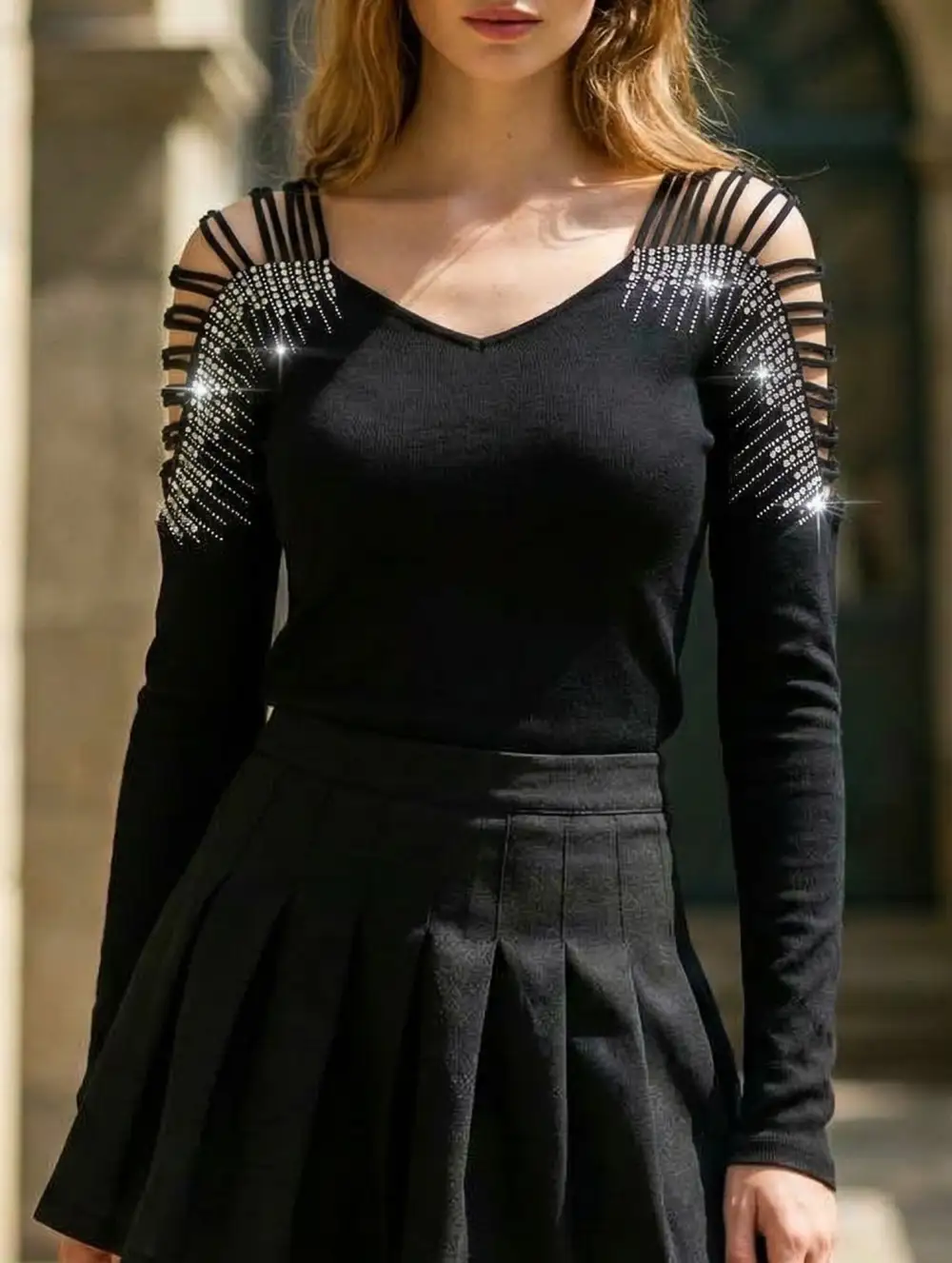 Rhinestone Openwork V Neck Tee