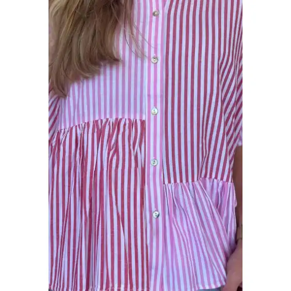 Button Down Striped Ruffled Hem Shirt