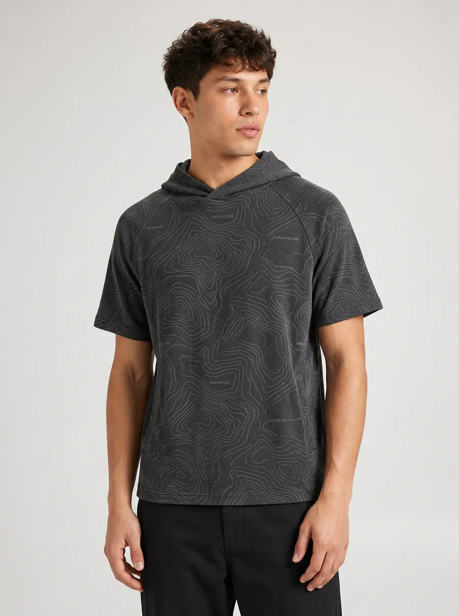 Men's Outdoor Adventure Topographic Map Printed Hooded T-shirt