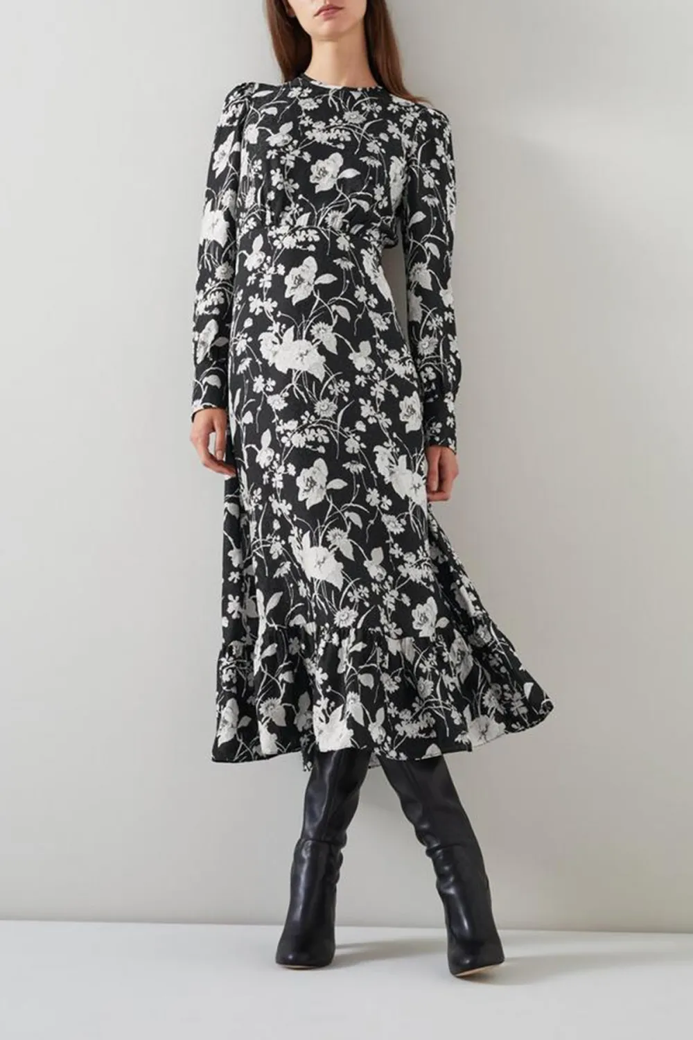 Black White Floral Print Long Sleeve Midi Dress
